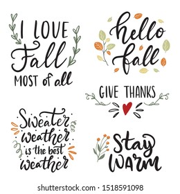 Set of hand drawn lettering fall, autumn and Thanksgiving quotes and pharses for cards, banners, posters design. Warm wishes, fall i love you, give thanks, be grateful, sweater weather