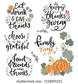 Set of hand drawn lettering fall, autumn and Thanksgiving quotes and pharses for cards, banners, posters design. Warm wishes, fall i love you, give thanks, be grateful, sweater weather