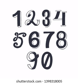 Set of hand drawn lettering figures from one to nine including zero. Calligraphic numerical symbols 1234567890. Handwritten row of numbers. Vector illustration with isolated characters written in ink