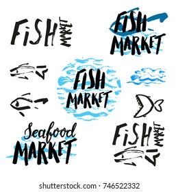 Set of hand drawn lettering fish market, brush pen, inc. Vector. Logo. Could be used for fish market. Vector.