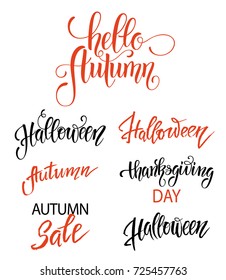 Set of hand drawn lettering Halloween, Autumn, thanksgiving day. Greeting card for party and sale. Autumn holidays. Vector illustration EPS10.
