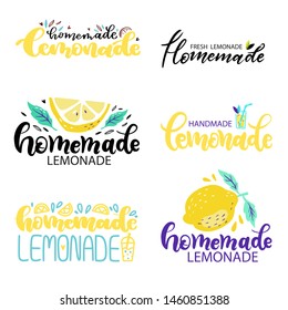 Set of hand drawn lettering inscriptions about Homemade Lemonade with sliced lemons and leaves. Hand drawn text sticker for healthy cooling drinks, posters