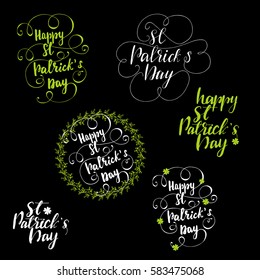 Set of hand drawn lettering layouts for St. Patrick's day. Vector illustration on black background.