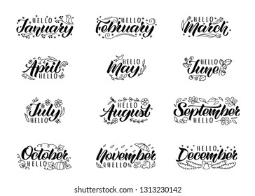 Set of hand drawn lettering with names of months and doodles.  Hand written months titles for print, invitation  or greeting cards, brochures, poster, calender, planner, diary, t-shirts, mugs.