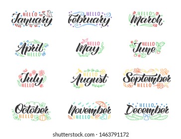 Set of hand drawn lettering with names of months and doodles.  Hand written months titles for print, invitation  or greeting cards, brochures, poster, calender, planner, diary, t-shirts, mugs.