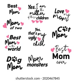 Set of hand drawn lettering phrase Mom, mum, mama. Fun brush ink illustration for banners, greeting card, poster design