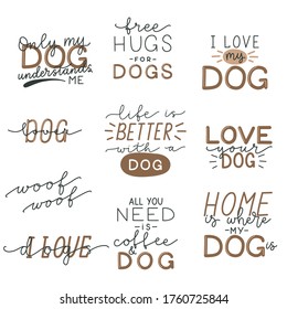 Conjunto de frases con letras dibujadas a mano sobre el perro.