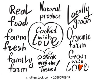 Set of hand drawn lettering quotes about farm products. Design concept for farm market, ecofood labels.