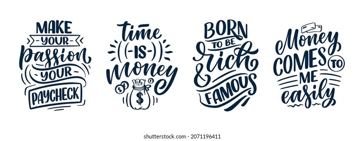 Mit handgezeichneten Schriftzeichen im modernen Kalligrafiestil rund ums Geld. Slogans für Druck- und Plakatdesign. Vektorgrafik