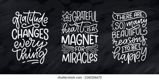 Set With Hand Drawn Lettering Quotes About Gratitude. Cool Phrases For Print And Poster Design. Inspirational Slogans. Vector Illustration