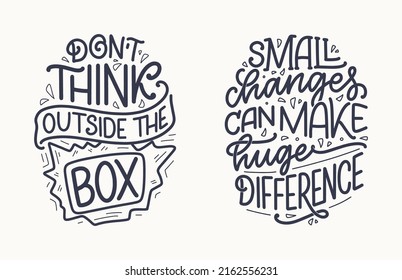 Set with hand drawn lettering quotes in modern calligraphy style about business motivation. Inspiration slogans for print and poster design. Vector