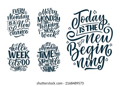 Set with hand drawn lettering quotes in modern calligraphy style about Monday. Slogans for print and poster design. Vector