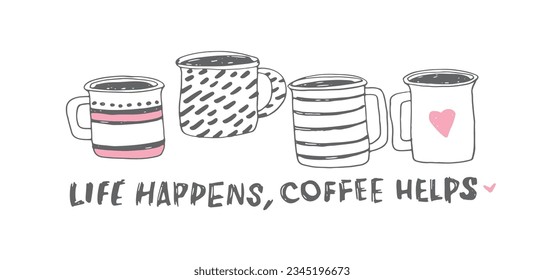Set with hand drawn lettering quotes in modern calligraphy style about Coffee. Slogans for print and poster design. Vector illustration