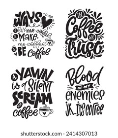 Mit handgezeichneten Schriftzeichen im modernen Kalligrafiestil rund um den Kaffee. Slogans für Druck- und Plakatdesign. Vektorgrafik. 100% Vektordatei.