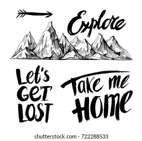 Set of  hand drawn lettering with sketch of mountains. Vector 