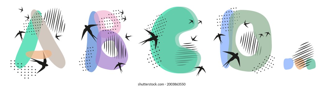 Set of  hand drawn letters A, B, C, D. Flock of swallows is flying. Abstract objects, spots, dots, shadows with black ink and feathers. Vector illustration, birds, pastel colors.