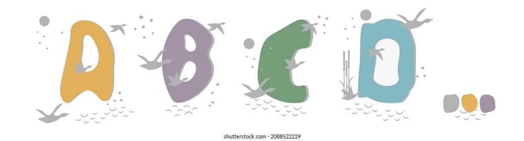 Set of hand drawn letters A, B, C, D. Flock of ducks, geese flies to moon, swim in pond among reeds. Abstract objects, spots, points, shadows. Vector illustration, birds, plants, water, pastel colors.