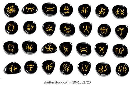 Set of  hand drawn lichen glyphs written in stone, ancient magical  symbols for divination, occult symbols,  on white.  Vector illustration.