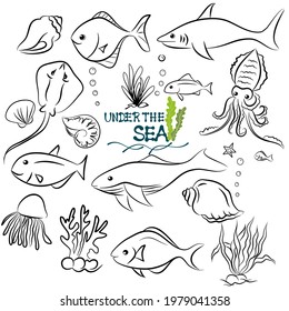 Set of hand drawn life animals doodles under the sea. Vector illustration on white background.