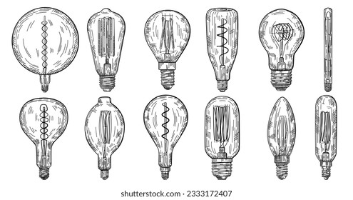 Set of hand drawn light bulb in vintage engraved style. Electric lamp sketch collection. Isolated on white background. Vector illustration