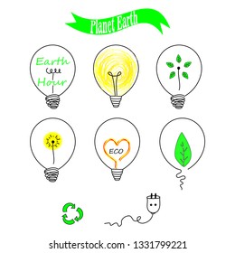 Set of hand drawn light bulbes. Vector doodle collection. Green energy conceptual design, ecology. 