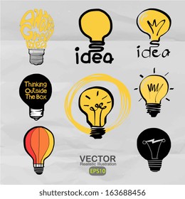 Set of Hand drawn light bulbs on crumpled paper background