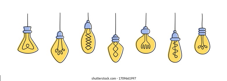 Set of Hand drawn Light Bulbs. Collection of different yellow loft lamps in doodle style. Isolated vector objects on white background