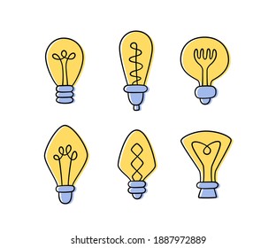 Set of hand drawn Light Bulbs. Collection of different yellow loft lamps in doodle style. Isolated vector objects on white background