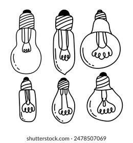 Set of hand drawn light bulbs. Doodle style light bulbs. Vector illustration