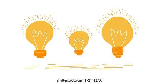 Set of hand drawn light glowing bulbs isolated on white background. Trendy flat vector light bulb icons with idea concept