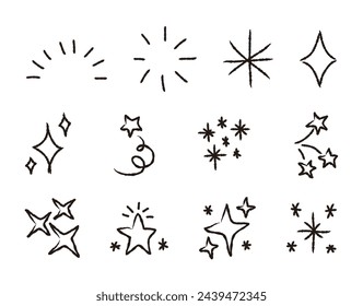 Set of hand drawn light, star and sparkle effect drawing illustrations in cartoon and doodle style.