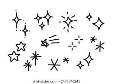 Set of hand drawn light, star and sparkle effect drawing illustrations in cartoon and doodle style.