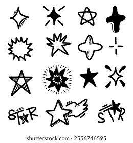 Set of hand drawn light, star and sparkle effect drawing illustrations in doodle style.