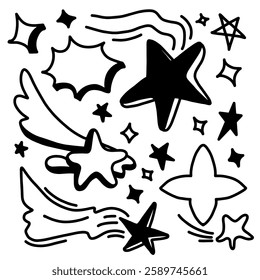 Set of hand drawn light, star and sparkle effect drawing illustrations in doodle style.
