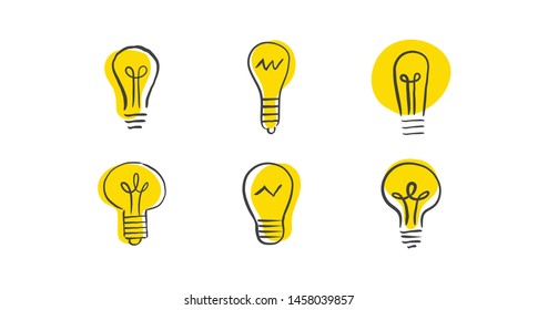 Set of hand drawn lightbulbs, symbol of idea and solution