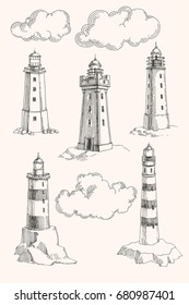 Set of hand drawn lighthouses and clouds isolated on white. Vintage graphic elements for design. Engraving style
