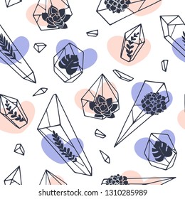Set of hand drawn line art Minerals, crystals, gems with leaves, succulents inside. Magical elements seamless pattern. Perfect for fabric. Wrapping paper texture.  