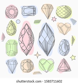 Set of hand drawn line art crystals and leafs, moths, rose inside gems, isolated objects. Black and white transparent terrariums. Magic fairytale
