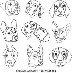 Set of hand drawn line art illustrations of dog characters portraits 