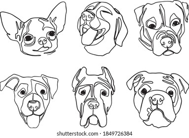 Set of hand drawn line art illustrations of dog characters portraits 