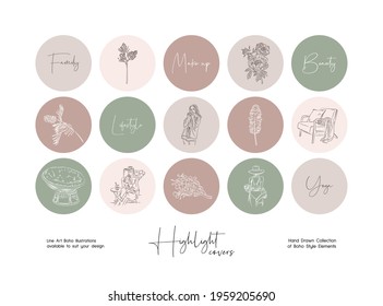 Set of hand drawn line art boho style vector illustrations. Vector set design templates icons and emblems - social media story highlight.
