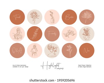 Set of hand drawn line art boho style vector illustrations. Vector set design templates icons and emblems - social media story highlight.
