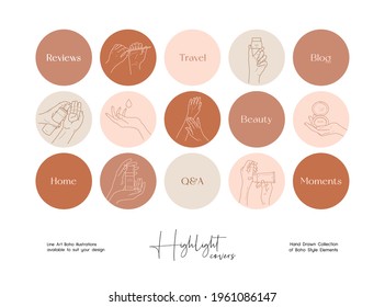 Set of hand drawn line art beauty vector illustrations. Vector set design templates icons and emblems - social media story highlight.
