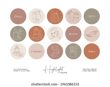 Set of hand drawn line art beauty vector illustrations. Vector set design templates icons and emblems - social media story highlight.
