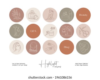 Set of hand drawn line art beauty vector illustrations. Vector set design templates icons and emblems - social media story highlight.
