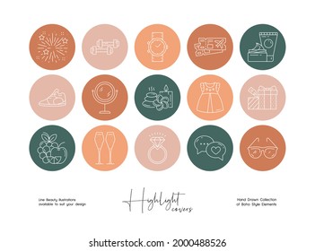 Set of hand drawn line art beauty vector illustrations. Vector set design templates icons and emblems - social media story highlight.