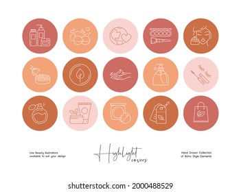 Set of hand drawn line art beauty vector illustrations. Vector set design templates icons and emblems - social media story highlight.