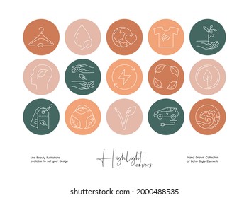 Set of hand drawn line art beauty vector illustrations. Vector set design templates icons and emblems - social media story highlight.