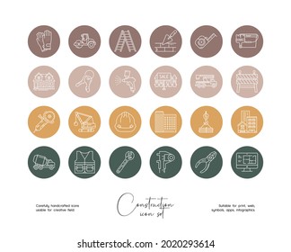 Set of hand drawn line art vector construction illustrations. Vector line icons set for social media story highlight.
