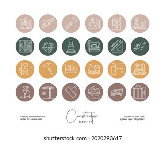Set of hand drawn line art vector construction illustrations. Vector line icons set for social media story highlight.